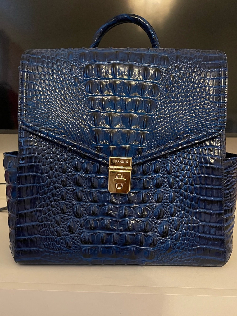 Brahmin Navy Croc-Embossed Leather Backpack with Gold Hardware